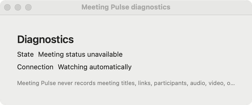Meeting Pulse diagnostics window showing detection health