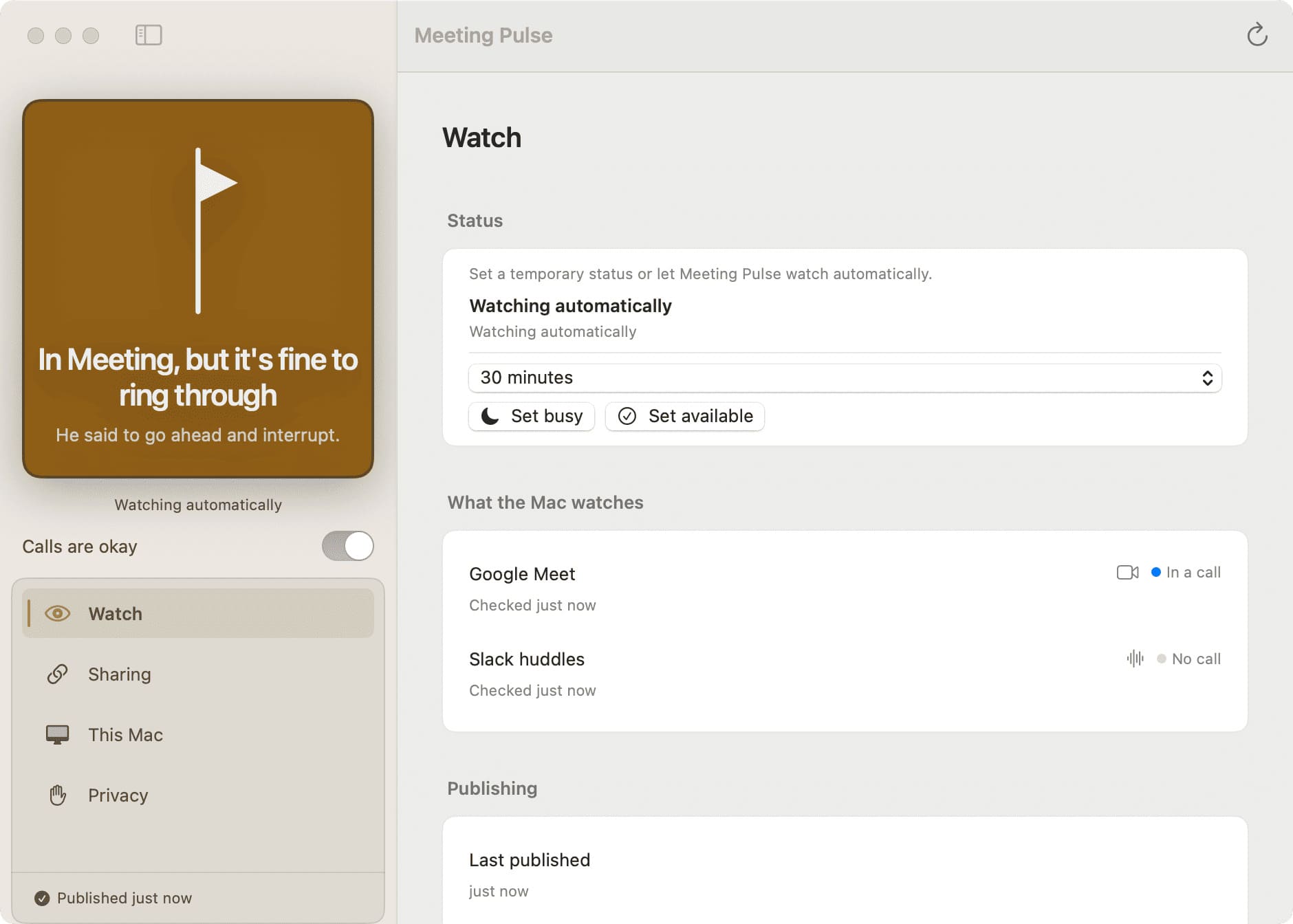 Meeting Pulse Station showing manual status and call okay controls