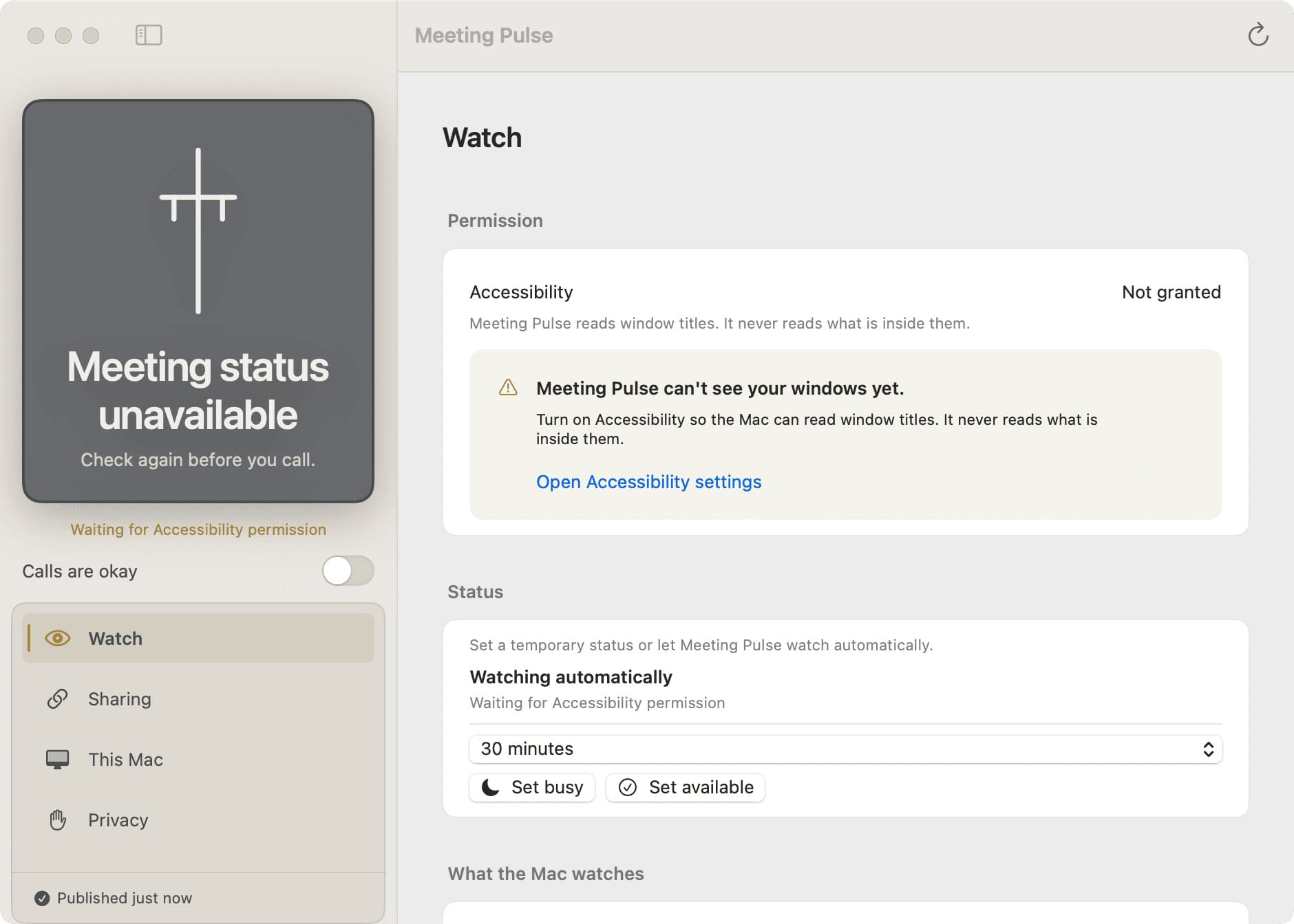 Meeting Pulse Station showing the Accessibility permission state